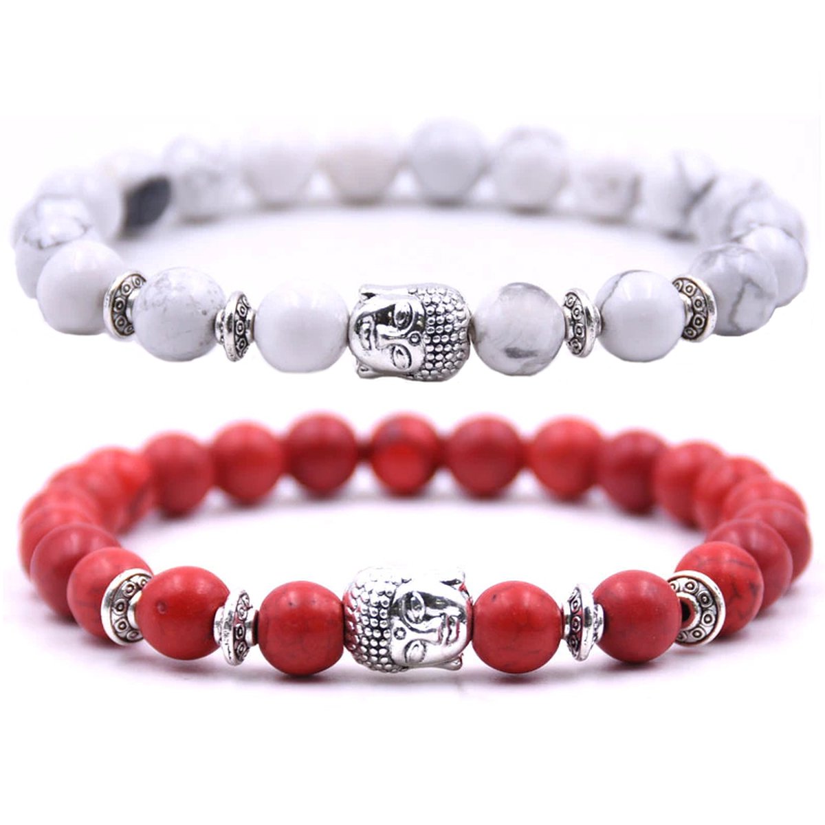 Armband heren / dames / unisex - met buddha bedel - Kralen armband boedha - Chakra armband - Cadeau voor hem of haar - Armbandenset 2 bandjes - Wit marmer & rood