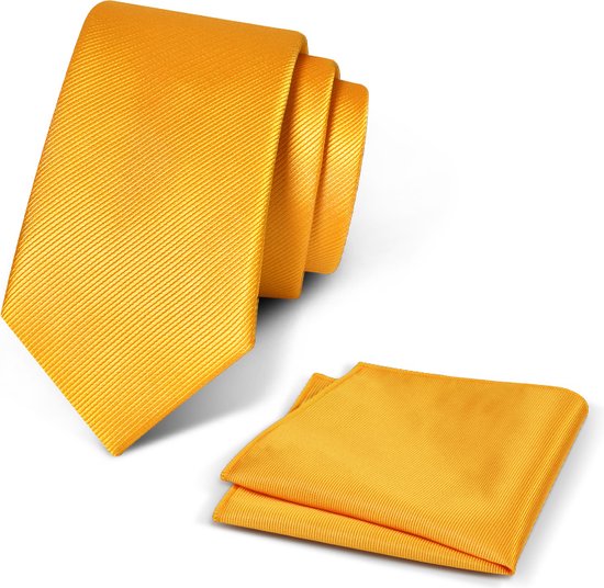 Premium Ties - Luxe Stropdas Heren + Pochet - Set - Polyester - Lichtoranje - Incl. Luxe Gift Box!