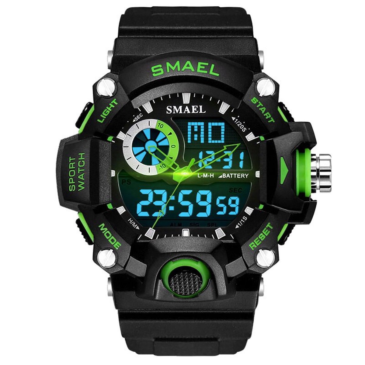 Shock Bestendig Heren Horloge Zwart met Groen en rubber band | Smael | 1385 | Waterdicht | Glow in dark | Mud Master | Leger | Licht | Rubberen band | Timer | Army | Eyecatcher | Master| Vaderdag Cadeau | Vaderdag | kado|