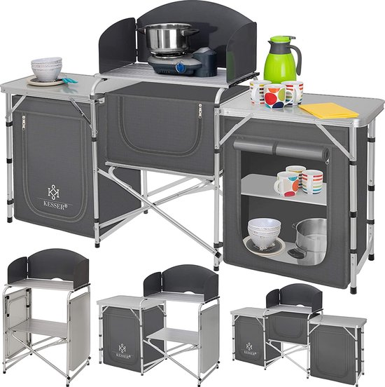 Campingkeuken opvouwbaar met draagtas zwart aluminium incl. werkblad