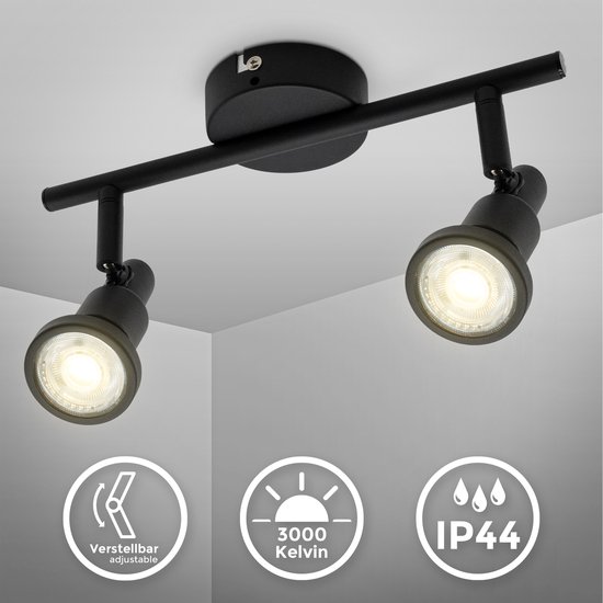 B.K.Licht - Badkamer Plafondlamp - opbouwspots draai- en kantelbaar -  IP44 badkamerverlichting - incl. 2x 4.8W GU10 - 3.000K - B.K.Licht
