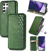 Luxe PU Lederen Ruitpatroon Wallet Case + PMMA Screenprotector voor Galaxy S22 Ultra 5G _ Groen