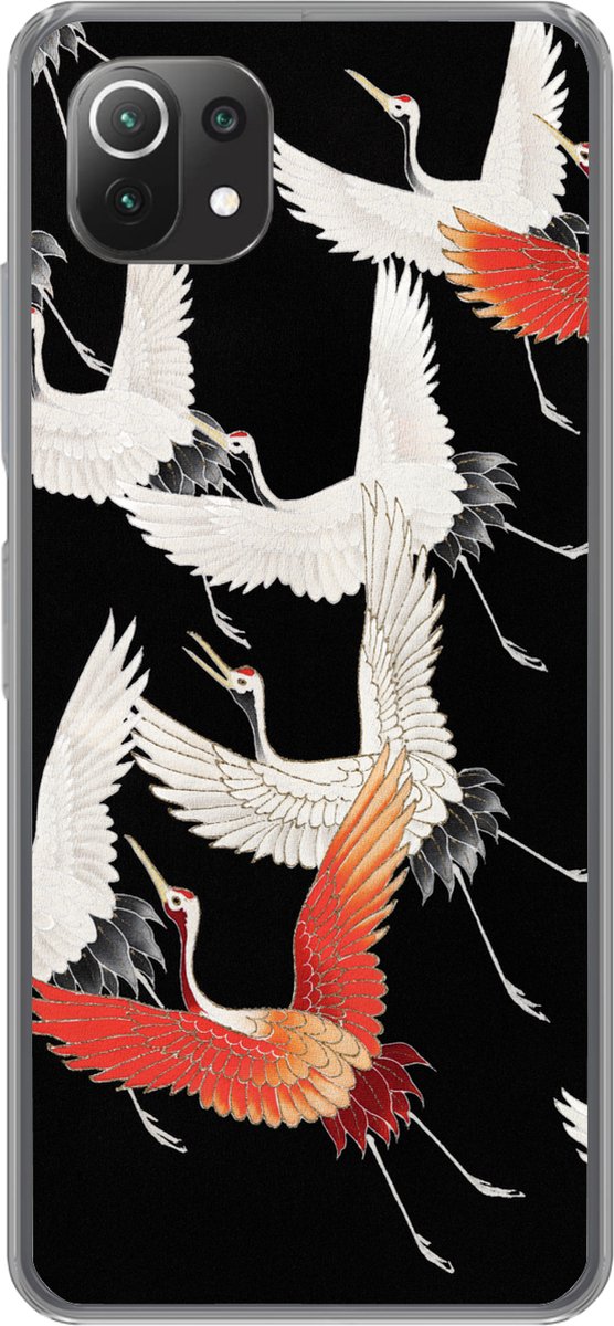 Telefoonhoesje Geschikt voor Xiaomi Mi 11 Lite hoesje - Japandi - Kraanvogel - Rood - Wit - Siliconen Telefoonhoesje Telefoonhoesje