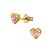 Joy|S - Zilveren mini hartjes oorbellen - 3 mm - roze kristal - voor kinderen - 14k goudplating