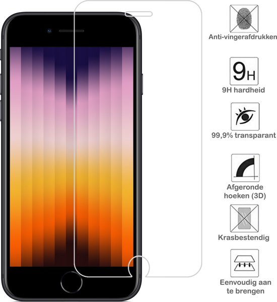 Een smartphone met een kleurrijk display en een transparante screenprotector ernaast. Iconen tonen: anti-vingerafdruk, 9H hardheid, 99,9% transparant, 3D afgeronde hoeken, krasbestendig, eenvoudig aan te brengen.