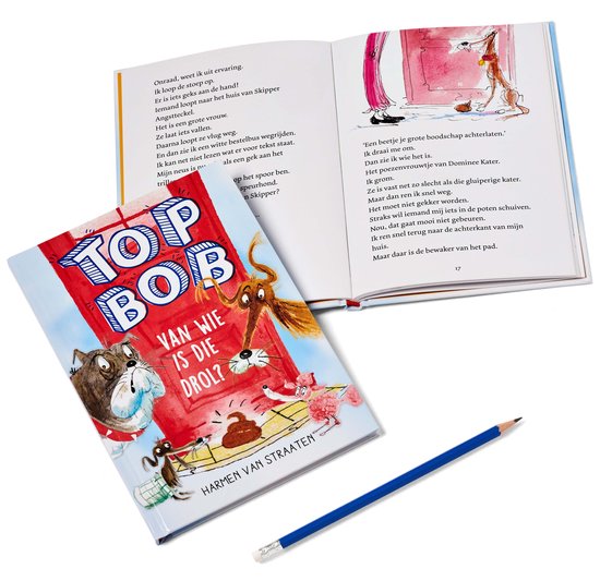 Open boek 'Top Bob: Van wie is die drol?' met illustraties van honden. Een potlood ligt ernaast.