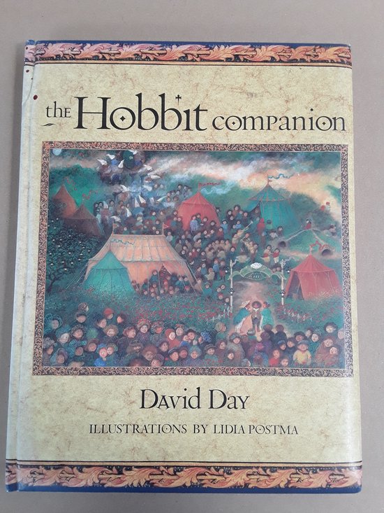 Boekomslag van 'The Hobbit Companion' door David Day, met een levendige illustratie van een druk tafereel.