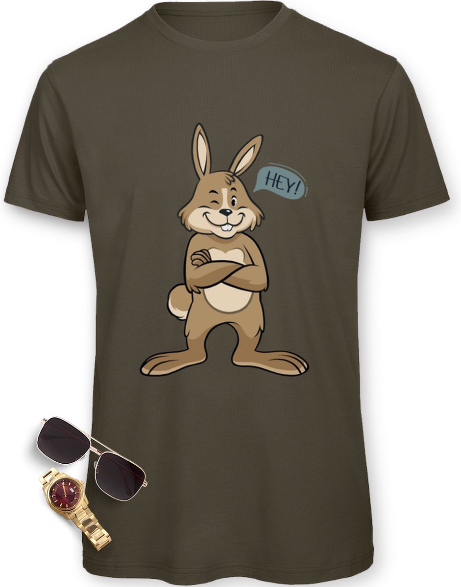 T-shirt - Grappig t Shirt met Cartoon Bunny - Heren tShirt met leuk konijn - Mannen t Shirt met print opdruk - Maten: S M L XL XXL XXXL - Shirt verkrijgbaar in kleuren: Zwart, Khaki en Urban Oranje