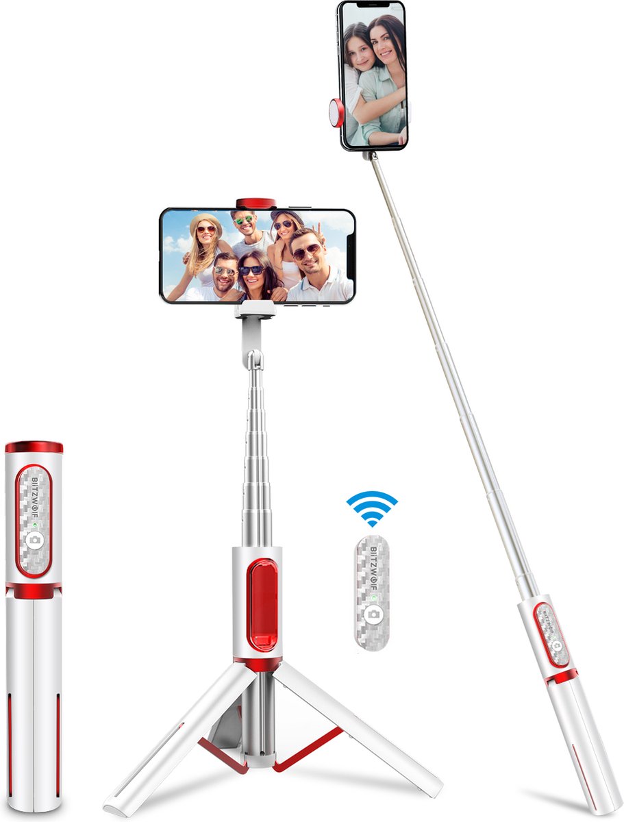 BW-BS10 Draagbare Bluetooth Selfiestick Statief - draaibaar Mini Uitbreidbaar Aluminium Selfie Stick - met intrekbaar statief en afstandsbediening - voor iPhone ve Android-wit- Kerstcadeaus