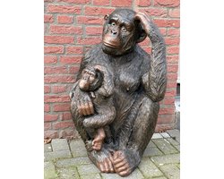 Goodyz - Chimpansee beeld - 85cm hoog - met baby chimp -