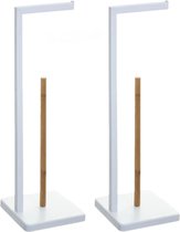 2x stuks staande wc/toiletrolhouders met reservoir wit 64,5 cm van verchroomd metaal/bamboe - Wc-rol houder - Toiletrol houder