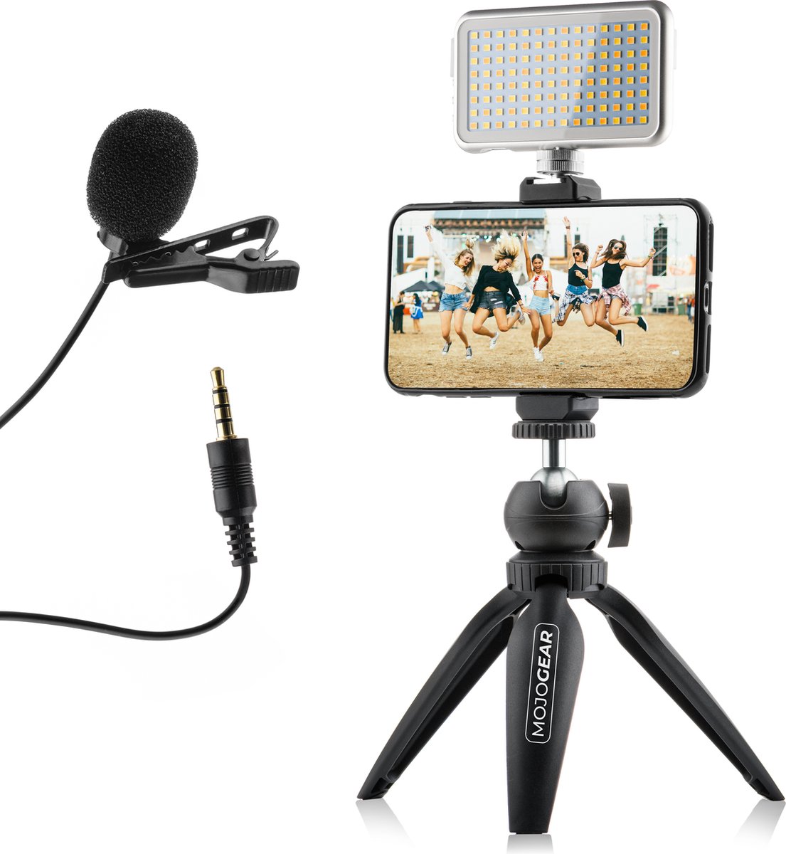 MOJOGEAR Video KIT / vlog set: Mini-statief + telefoonhouder + microfoon + lampje