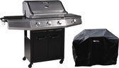 Bol.com Gas BBQ gasbarbecue barbecue met led "Bingo 4" - 4 branders waarvan 1 zijbrander - 14 kW + beschermhoes - Zwart aanbieding