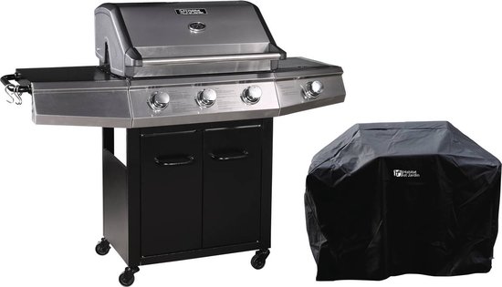 Gas BBQ gasbarbecue barbecue met led "Bingo 4" - 4 branders waarvan 1 zijbrander - 14 kW + beschermhoes - Zwart