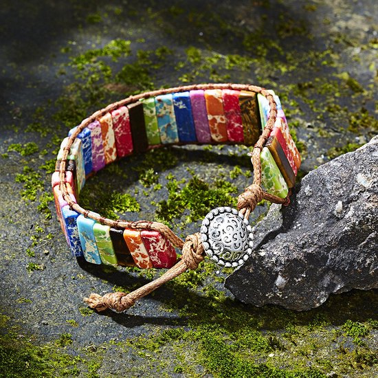 DW4Trading Chakra Armband 4 - Multicolor Natuursteen Regenboog - Imitatie Leer - Smal van DW — afbeelding 3