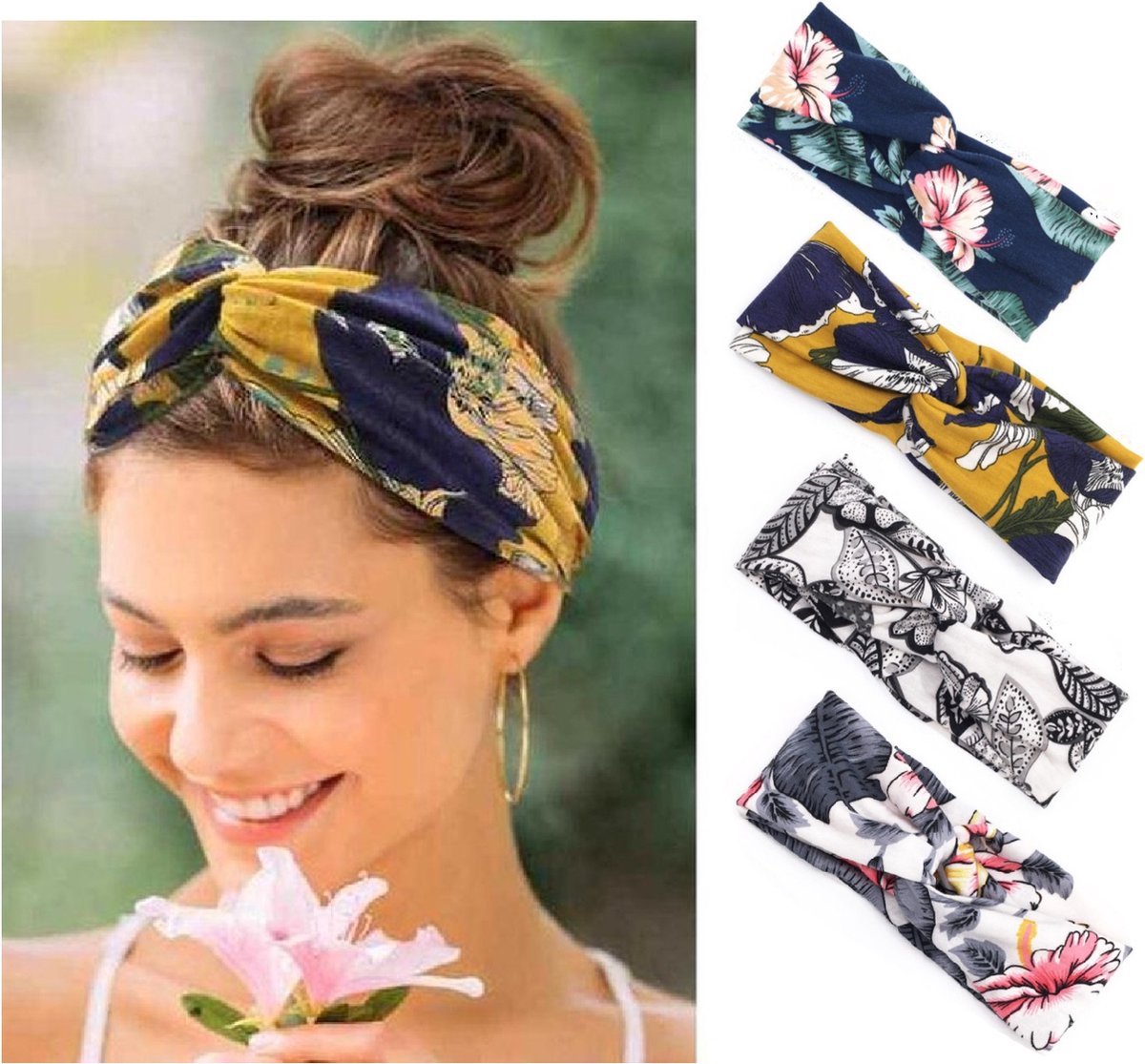 4 stuks dames haarbanden gebloemd - meiden - tieners - vrouwen haarbanden | haarband bloemenprint met knoop - MINIIYOU