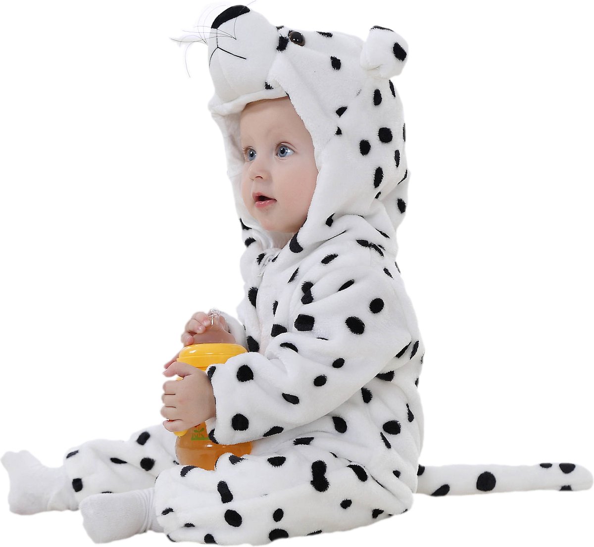 Budino® Baby Onesie - Baby Romper - Baby Pyjama - Baby Pakje - Baby Verkleedkleding - Carnavalskleding - Dier - Luipaard - Wit - maat 70