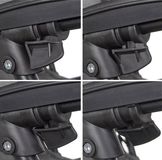 Detail van de vergrendelingsmechanismen van de zwarte relaxstoel.