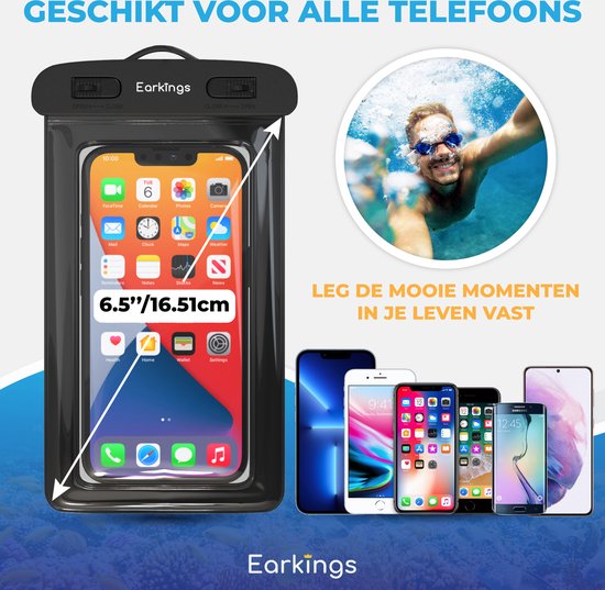Zwarte waterdichte telefoonhoes met telefoon, met tekst 'Geschikt voor alle telefoons' en 'Leg de mooie momenten in je leven vast'.