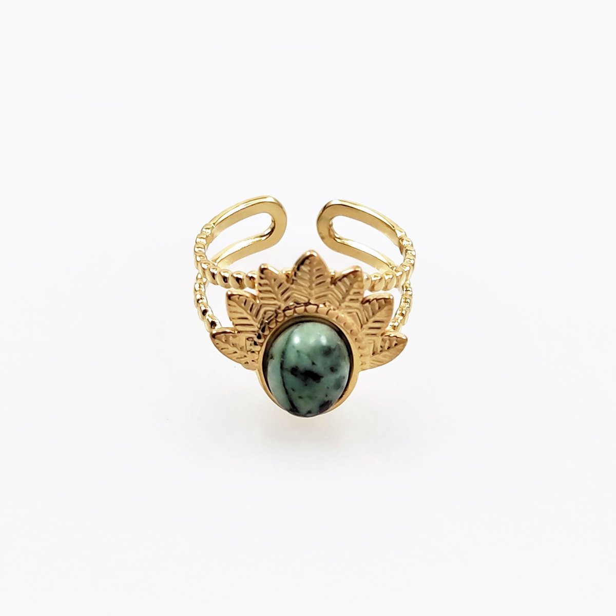 Dottilove - Dames Gevederde Steen Ring - Geelgoudkleurig Verguld - Ring met Groene Steen