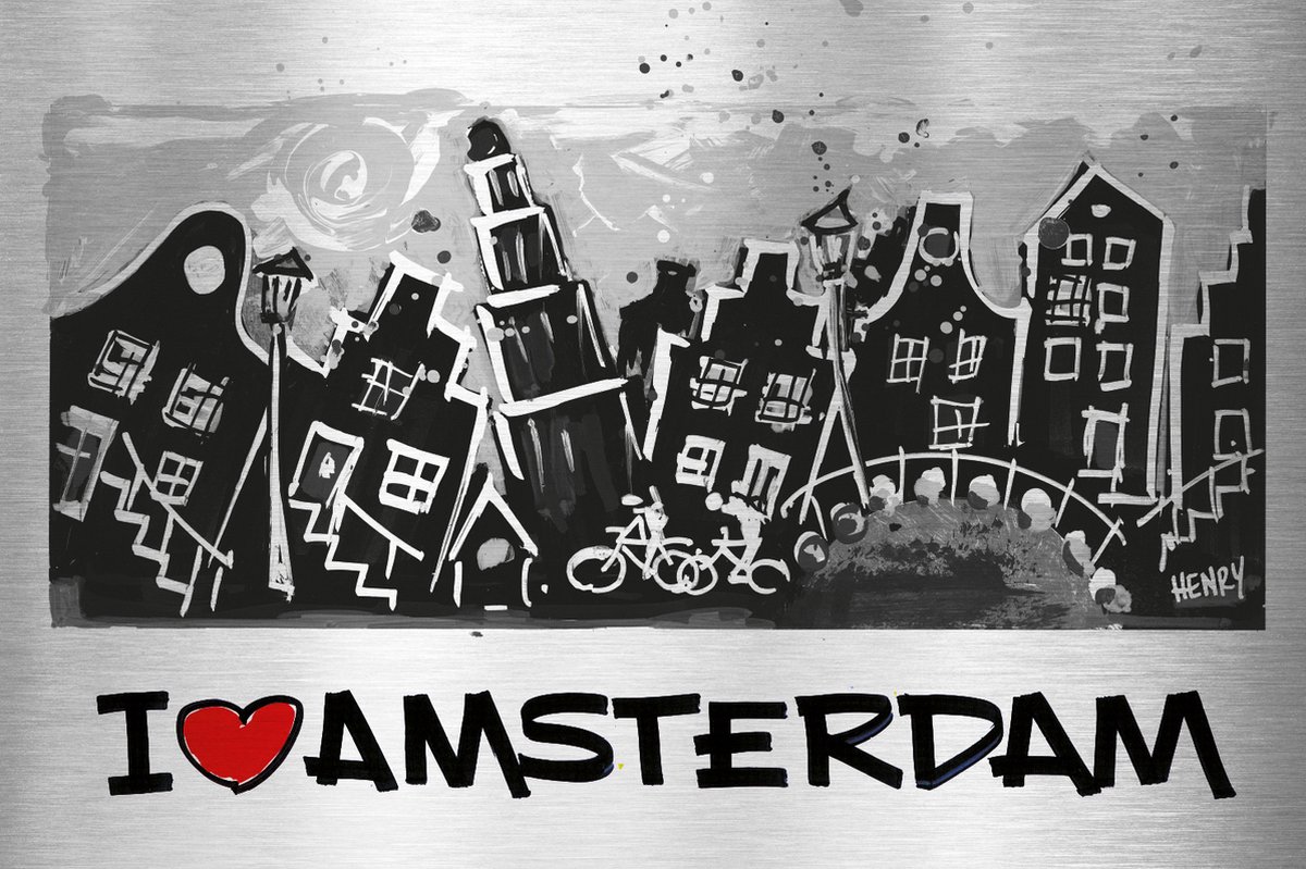 I LOVE AMSTERDAM - uniek sign painted kunstwerk op geborsteld aluminium 60 x 40 cm