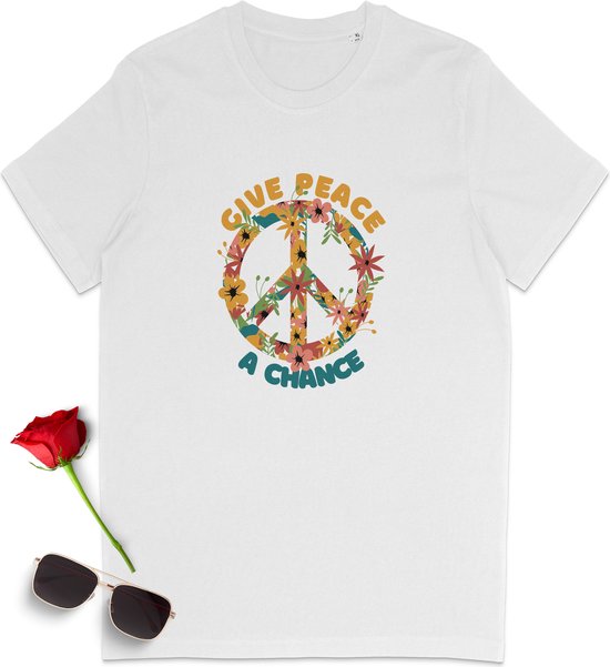 Peace t Shirt - Give Peace a Change Shirt - T shirt Heren - T shirt Dames - Shirt met print opdruk voor mannen en vrouwen - Maten: S M XL XXL XXXL - tShirt kleuren: Wit, Zwart.