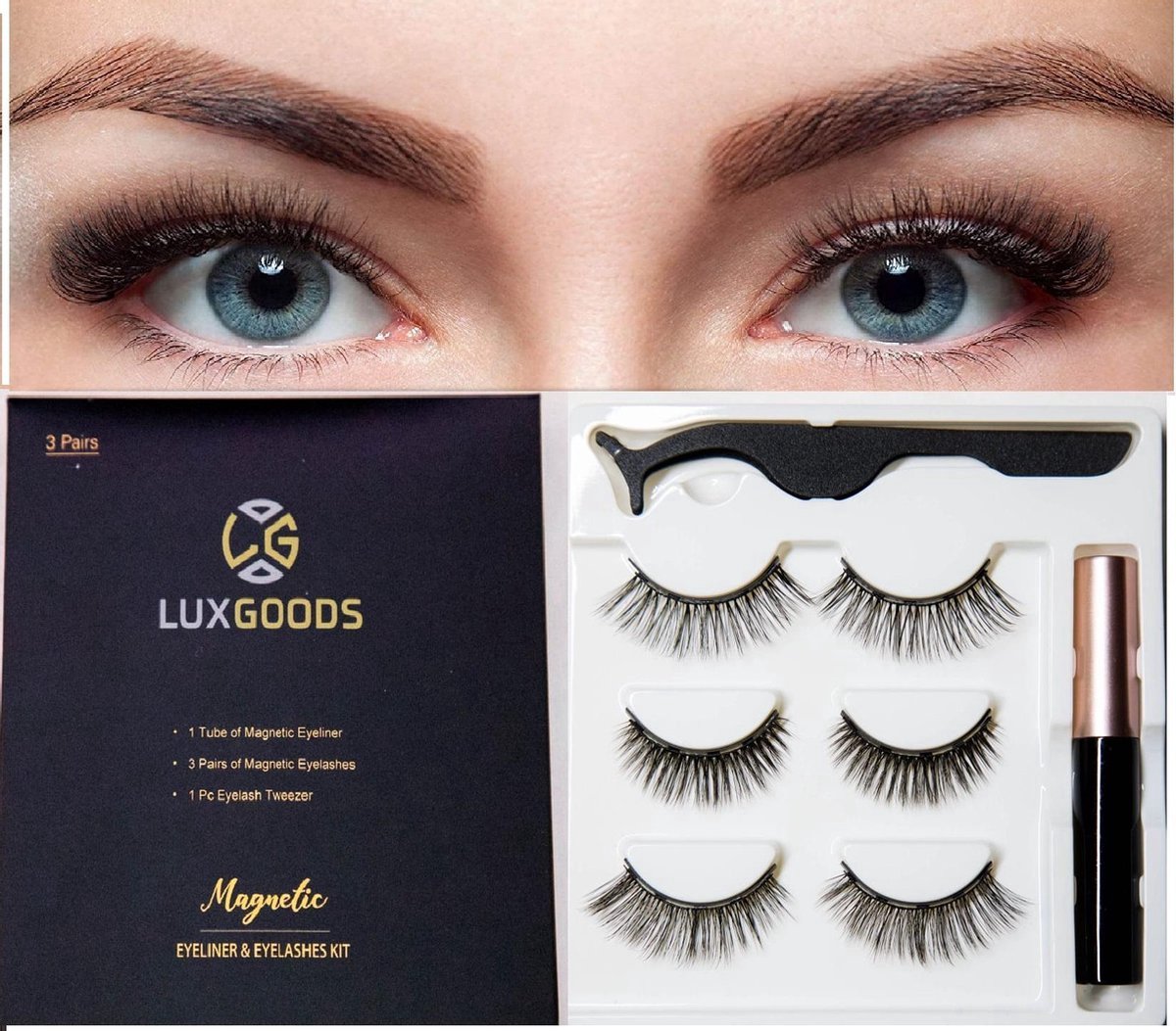 Luxgoods Magnetische Wimpers - Wimperset 3 Paar+ 1 Flesjes Eyeliner+ 1 Pencet - Herbruikbaar-magneet wimpers -lashes-magnetic lashes