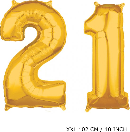 Mega grote XXL gouden folie ballon cijfer 21 jaar.  leeftijd verjaardag 21 jaar. 102 cm 40 inch. Met rietje om ballonnen mee op te blazen.