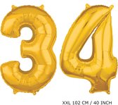 Mega grote XXL gouden folie ballon cijfer 34 jaar.  leeftijd verjaardag 34 jaar. 102 cm 40 inch. Met rietje om ballonnen mee op te blazen.