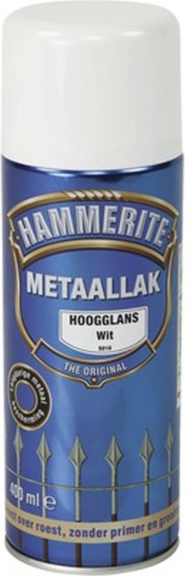 Hammerite Metaallak Hoogglans Wit spuitbus met witte dop, blauw label en afbeelding van een hek.