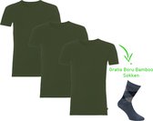 Bamboo T-Shirt - Ronde Hals - Super zacht - Antibacterieel - Perfect draagcomfort - 95% Bamboo - 3 stuks - 1 paar bamboo sokken cadeau - Khaki - XXXL