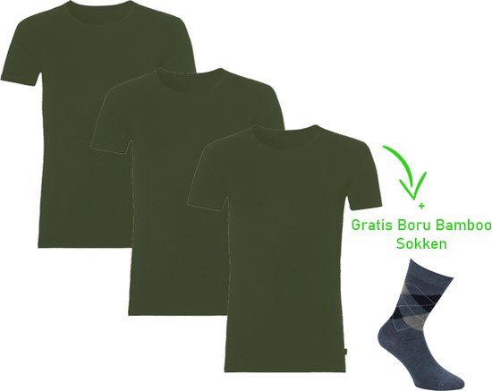 T-shirt en Bamboo - Col rond - Super doux - Antibacterieel - Confort de port Perfect - 95% Bamboo - 3 pièces - 1 paire de chaussettes en bambou en cadeau - Kaki - XXXL