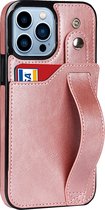 Hoesje geschikt voor iPhone 12 Mini - Backcover - Pasjeshouder - Portemonnee - Handvat - Kunstleer - Roze