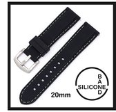 20mm Rubber Siliconen horlogeband zwart met witte stiksels passend op o.a Casio Seiko Citizen en alle andere merken - 20 mm Bandje - Horlogebandje horlogeband