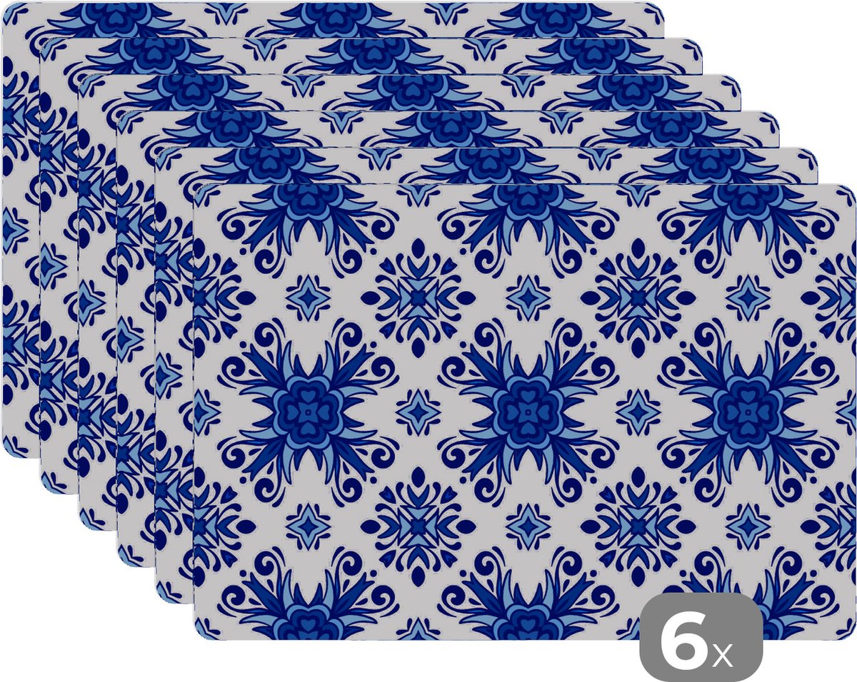 Placemat - Placemats kunststof - Tegel - Bloem - Blauw - Patroon - 45x30 cm - 6 stuks - Hittebestendig - Anti-Slip - Onderlegger - Afneembaar