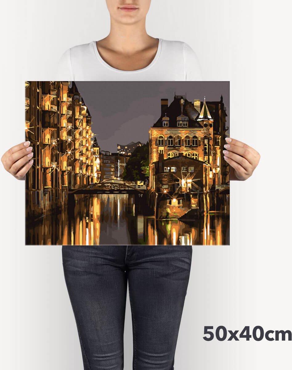 Schilderen Op Nummer Volwassenen DIY Paint By Number Compleet Hobby Pakket op Frame met Vernis - ®Arty Bee - Hamburg by Night 50x40cm — afbeelding 4