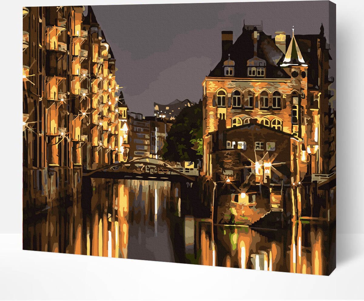 Schilderen Op Nummer Volwassenen DIY Paint By Number Compleet Hobby Pakket op Frame met Vernis - ®Arty Bee - Hamburg by Night 50x40cm