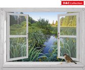 D&C Collection - tuinposter - 90x65 cm - doorkijk - wit luxe venster - weiland met water sloot - mus - iris - tuin decoratie - tuinposters buiten - schuttingposter - tuinschilderij