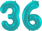 Folieballon 36 jaar metallic pastel aqua mat 86cm