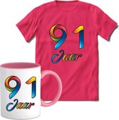 91 Jaar Vrolijke Verjaadag T-shirt met mok giftset Roze | Verjaardag cadeau pakket set | Grappig feest shirt Heren – Dames – Unisex kleding | Koffie en thee mok | Maat S