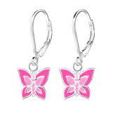 Joy|S - Zilveren vlinder oorbellen - roze - leverback sluiting