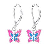 Joy|S - Zilveren vlinder oorbellen - roze blauw met glitters - leverback sluiting