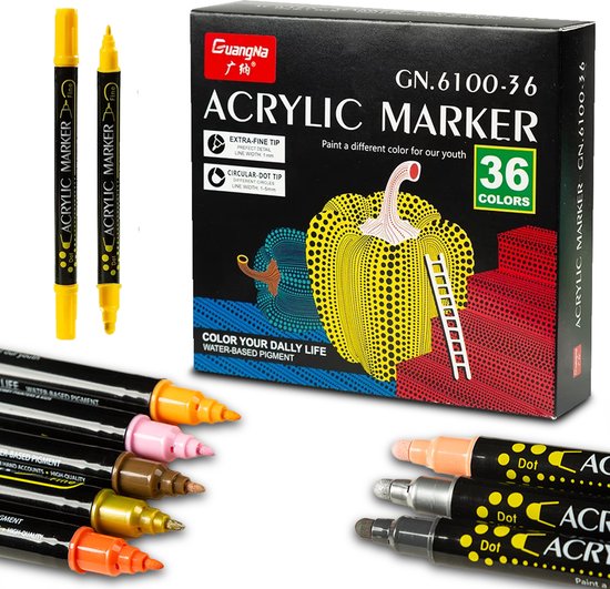 Guangna Acryl Stiften 36 Kleuren - 3MM & 0,7 MM - Happy Stones - verfstiften - Acrylstiften voor stenen schilderen