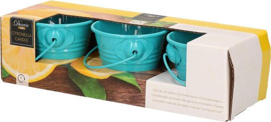 Decoris Citronella kaarsen - in zink potje - set 3x - blauw - 5 branduren