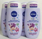 NIVEA - Douchegel & Shampoo - Kids 3 in 1 - Bessengeur - Kinder Shampoo - Voordeel Set van 4 Stuks