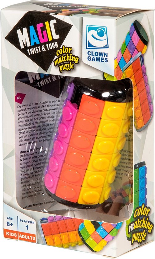 Verpakking van de Clown Games Magic Twist & Turn kleurpuzzel. De puzzel toont regenboogkleuren van roze, oranje, geel en groen.