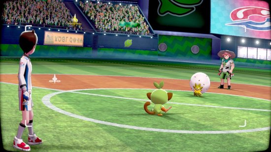 Kinderen op een sportveld met een groen Pokémon en een rond, roze wezen.