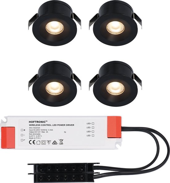 4x Cadiz - Mini 12V LED inbouwspot zwart met trafo - 3 Watt - Niet dimbaar - IP44... bol.com