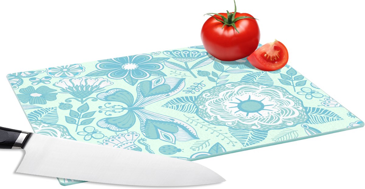 Glazen Snijplank - 28x20 - Bloemen - Blauw - Wit - Patroon - Snijplanken Glas