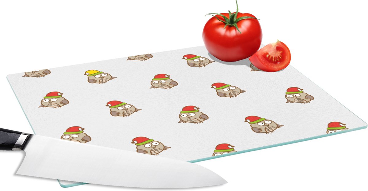 Glazen Snijplank - 28x20 - Uil - Kerstmuts - Cartoon - Kind - Design - Snijplanken Glas
